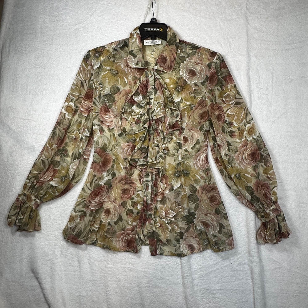 Vintage Le Chateau Blouse Womens Size 9 Floral Ruffled Fairy Whimsical 80s